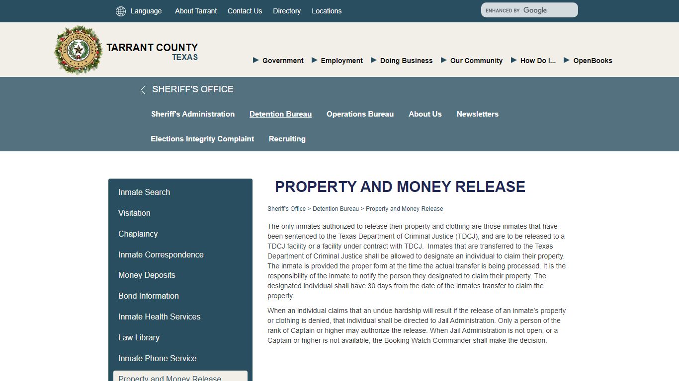 Property and Money Release - Tarrant County TX